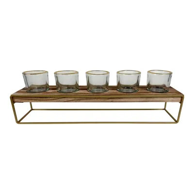 Produktbild von Kerzenhalter Teelichthalter 5er aus Glas Metall und Holz mit 5 Teelichtern