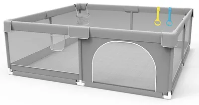 Zdjęcie produktu dla Barierka dla dzieci - 120 x 160 cm - materiałowa - szara - z basenikiem na piłeczki