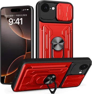 Produktbild von iPhone 16e / 17e Hülle - Coverup Armor Ring Ständer Back Cover mit Kamera Schutz - Rot