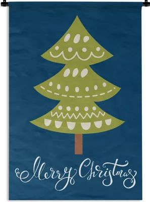 Produktbild von MuchoWow® Wandteppich Wandbehang Weihnachtsbaum - Weihnachten - Zitate - Frohe Weihnachten - Tannenbaum - Blau 120x180 cm Tapisserie Dekoration Wandtuch - Schlafzimmer - Dekorationen für das Haus