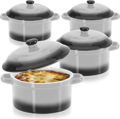 Produktbild von com-four® 4x Auflaufform mit Deckel aus Keramik - Dessertschale für Crème Brûlée - Mini-Schmortopf für Ragout fin und Würzfleisch - grau, ca. 250/175 ml je Form