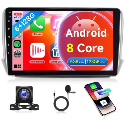 Obrázok produktu pre 6G + 128G, 8-jadrové bezdrôtové autorádio s funkciami Carplay a Android, určené pre modely 2008, 208 (ročníky 2012-2018) - 10,1 palcový displej - GPS, WiFi, Mirror Link, Bluetooth, FM/RDS/DSP, ekvalizér, USB, podpora voliča na volante