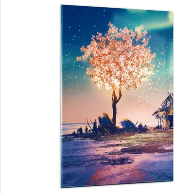 Produktbild von Bilder auf glas - Einteilig - Baum Haus Nacht Sterne - 80x120cm - Glasbilder - Wandbilder - Bilder - zum Aufhängen bereit - Wanddekoration aus Glas - Glas Bilder - Wandbild auf Glas - GPA80x120-2849