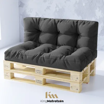 A dark gray pallet sofa cushion set is displayed on a light gray and white background.