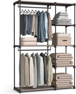 Produktbild von Unyqoos® Offenes Garderobenregal 124×43×182 cm – 2 Kleiderstangen & mehrere Ablagen, Stahlrohre Ø16 mm, Ablagen 10 kg, Stangen 15 kg, werkzeuglose Montage