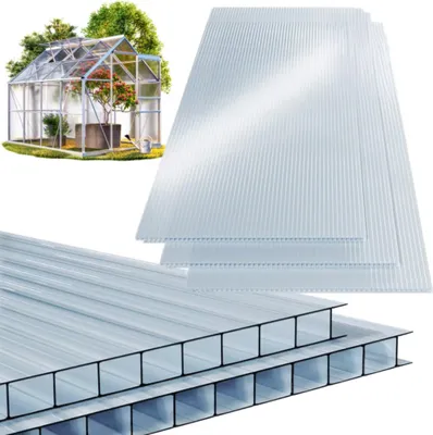 A greenhouse and sheets of polycarbonate panels.