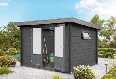 Produktbild von Wolff Finnhaus WPC Gerätehaus Bella 2924 28 Gerätehaus aus Kunststoff in Grau, Geräteschrank mit 28 mm Wandstärke Gartenhaus