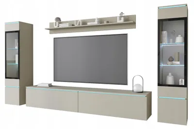 Image de Ensemble de meubles pour salon, comprenant : meuble TV de 180 cm, vitrine et étagère, finition cachemire avec éclairage LED