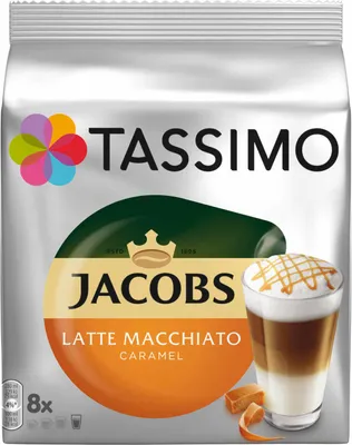 Produktbild von Tassimo Jacobs Latte Macchiato Caramel, Kaffee, Karamell, Milchkaffee, Kapsel, 80 T-Discs / 40 Portionen