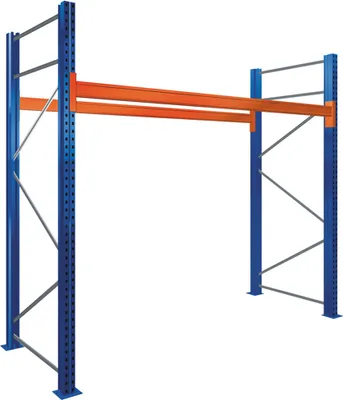 Produktbild von Schulte Paletten-Bockregal bis zu 500kg Palettengewicht | Grundregal | HxBxT 300x270x110cm | Fachlast 1500kg | 2 Ebenen mit 6 Palettenplätzen | Blau/Orange