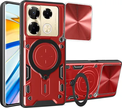 Produktbild von Handyhülle für Infinix Note 40 Pro 5G/Note 40 Pro+ 5G Dual-Layer Stoßfest Rüstung Hülle mit Dia Kameraschutz und Kreisförmig Ring Ständer Rot