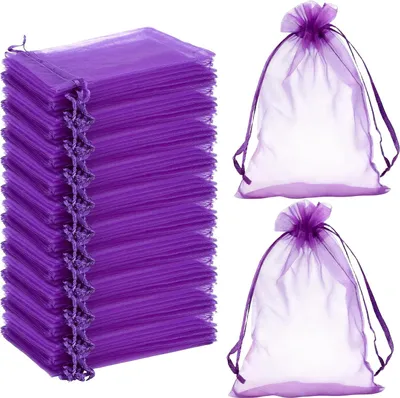 Produktbild von 100 Stück Organzasäckchen Organzabeutel Schmuckbeutel 7x9 cm Geschenkbeutel für Festival Party Hochzeit und die tägliche Platzierung von Schmuck Kosmetik Süßigkeiten (Farbmischung)  10x15 cm-dunkelviolett