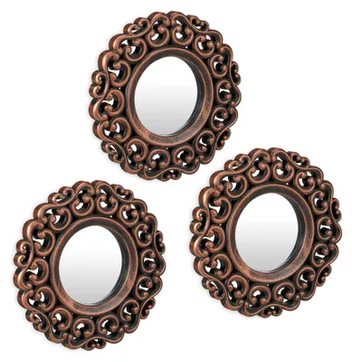 Produktbild von Relaxdays Spiegel 3er Set, barocker Deko-Wandspiegel, Wohnzimmer, Flur, Ø je 25 cm, Kunststoff-Rahmen, bronze/schwarz