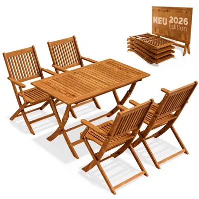 Produktbild von CASARIA® Gartenmöbel Set Modell 2026 – NEU: Extra stabiler Tisch mit umlaufender Verstärkungsleiste 5-teilig aus FSC® Akazienholz, 4 Stühle mit Armlehnen, klappbar für Garten & Balkon