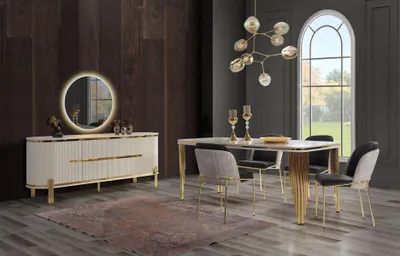 Productafbeelding van Luxueuze eethoek, eethoekset, eettafel, stoelen, set van 6, goud, wit