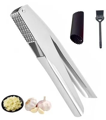 Productafbeelding van Ibenzoa® Knoflookpers van roestvrij staal 304 (2,5 x 18,5 cm) – Set met knoflookschiller en reinigingsborstel, 112 gaatjes, vaatwasmachinebestendig