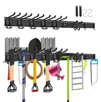 Produktbild von Wandhalterung Werkzeugegal für Garage und Garten, 3 Schienen, Vielseitige Hakenkonfiguration, 122 cm Gesamtlänge, Robust, Für Gartengeräte und Elektrowerkzeuge