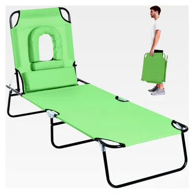 Produktbild von Klappbare Sonnenliege mit Gesichtsloch, Kopfkissen und 4-fach verstellbarer Rückenlehne, wetterfeste Campingliege bis 120 kg belastbar, für Garten, Strand und Pool, Grün