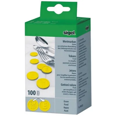 Produktbild von sigel Wertmarken "Essen", aus Kunststoff, gelb Essenmarken aus PP, Durchmesser: 25 mm (WM002)