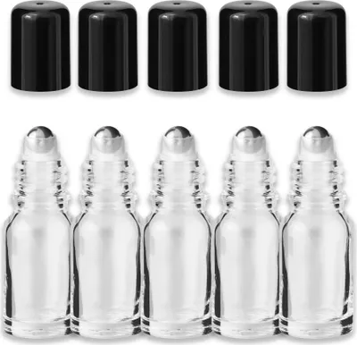 Produktbild von 5x Klare Glasflasche Roll-On 10 ml mit schwarzem Schraubverschluss Set