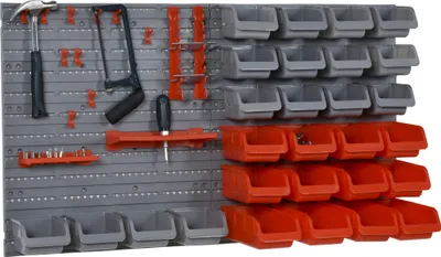 Produktbild von DURHAND Wandregal mit Stapelboxen 44 tlg Werkzeuglochwand Werkzeughalter Werkzeugwand für Werkstatt Sichtlagerkästen Hakenset PP Rot+Grau 63,5x22,5x95,5 cm