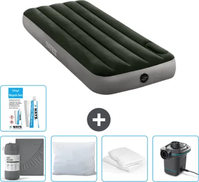 Produktbild von Intex Luftbett - 1 Person - 76 x 191 x 25 cm - Grün - Spannbettuch - Küssen - Pumpe - Reperaturset en Kissenschutz