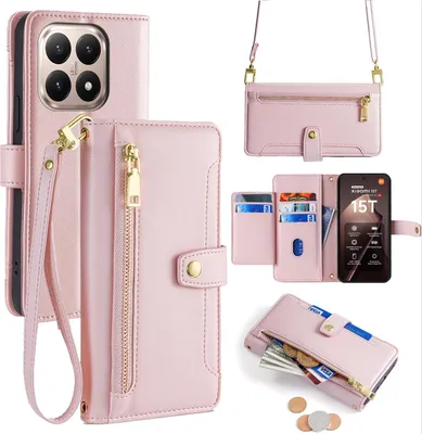 Produktbild von Handykette für Xiaomi 15T Hülle mit Band Handyhülle Kartenfächer Kunstleder Umhängetasche in Rosa