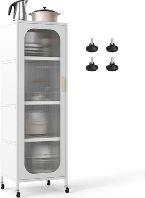 A white kitchen cabinet with glass doors and wheels, shown with kitchenware inside and some feet accessories next to it.