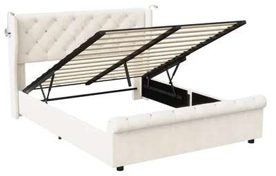 Obrázek produktu pro Postel s čalouněnou čelo - manželská postel 140 x 190 cm - postel s úložným prostorem - úložný prostor s hydraulickým zvedákem - rošt - potah z veluru - béžová barva