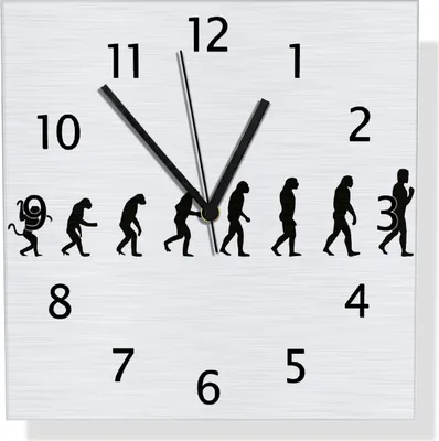 Produktbild von Wallario Design Wanduhr Evolution - Die Entwicklung des Menschen aus Aluverbund, Größe 30 x 30 cm