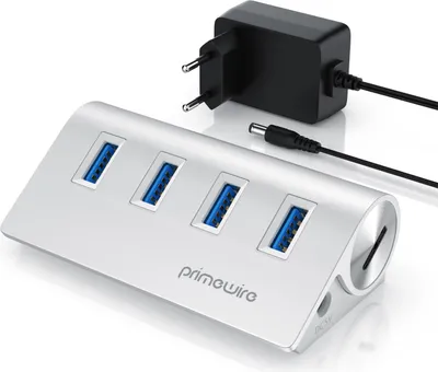 Produktbild von Primewire - USB 3.2 Gen2 Hub aktiv inkl. Netzteil - 4 Port Hub/Verteiler – für Notebook, Laptop, PC, kompatibel mit iMac, MacBook (Air, Pro, Mini) - bis zu 10 Gbit/s - Plug & Play - Aluminiumgehäuse