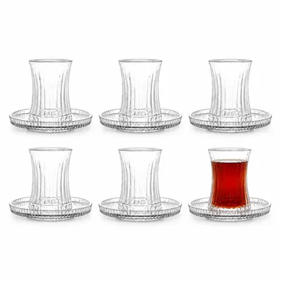 Produktbild von Teegläser-Set 12-teilig aus Glas mit 6 Untertassen, 195 ml, geriffelt