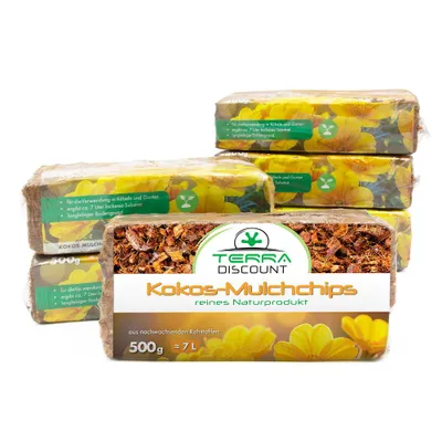 Produktbild von Kokos Mulchchips gepresst 6x500g ca. 42L – natürliche Mulchchips aus Kokosfaser für Garten, Hochbeet & Terrarium 3Kg