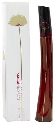 Kenzo Flower by Kenzo L’Elixir Eau de Parfum Spray 100 ml mit dunkelrotem, geschwungenem Flakon und weißer Originalverpackung.