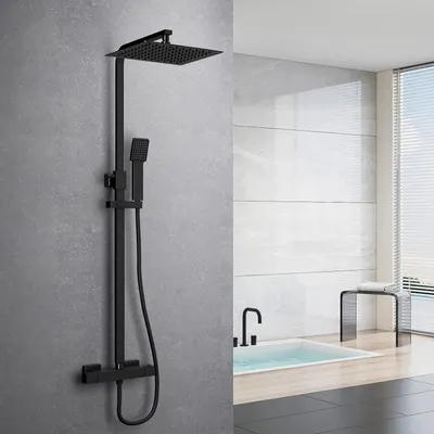 Produktbild von Duschsystem mit Thermostat Regendusche Duschset, 304 Edelstahl Duschsäule mit Kopfbrause und Handbrause, Eckig 20x20cm Regenbrause HöHenverstellbar