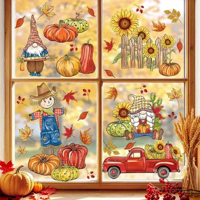 Produktbild von Fensteraufkleber für den Herbst mit Gnom und Ahornblättern | Kürbis und Sonnenblumen Fenstersticker für Erntedankfest