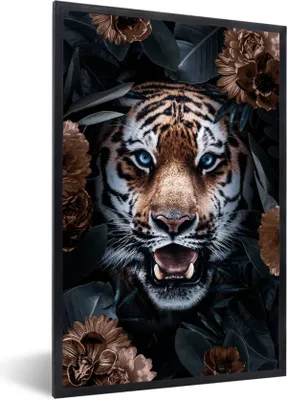 Produktbild von MuchoWow® MuchoWow® Gerahmtes Poster Porträt - Tiger - Blumen 60x90 cm - Poster mit zchwarzem Bilderrahmen - Kunst