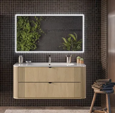 Produktbild von Design Badmöbel Set mit Waschbecken OVALIA CREMONA 120 cm MDF SOFT-CLOSE LED Waschtisch Spiegel LED
