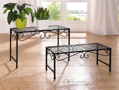 Produktbild von 2x Blumenbank "Ranken" aus Metall, schwarz, Blumentisch, Beistelltisch, Pflanzenständer