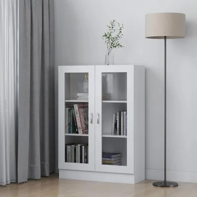Image de Vitrine en panneaux de particules, blanche, dimensions 82,5 x 30,5 x 115 cm, 3 compartiments, 2 portes