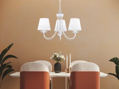 Produktbild von Dimmbarer LED Kronleuchter mit 3 Stoffschirmen in matt Weiß, mehrflammige Lampe