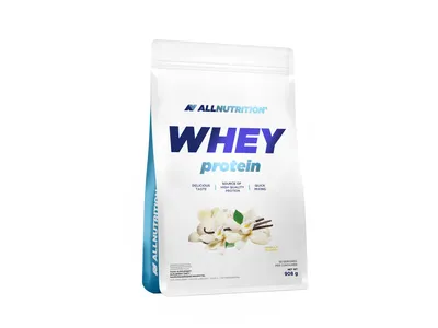 A bag of ALLNUTRITION Whey Protein in vanilla flavor, displayed against a white background.