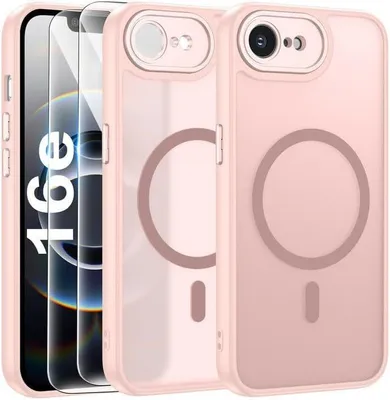Image de Coque et 2 Verres Trempés pour iPhone 16e avec Cercle Magnétique, Protection Hybride Silicone PC Rose