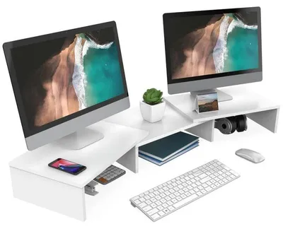Obrázok produktu pre Držiak na dva monitory – podstavec z dreva – nastaviteľná výška a uhol naklonenia – polička pod monitor na písací stôl – ergonomický odkladací priestor – biela farba