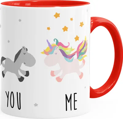 Produktbild von Kaffee-Tasse You and Me Einhorn Unicorn Kaffeetasse Henkel innen farbig MoonWorks® rot unisize