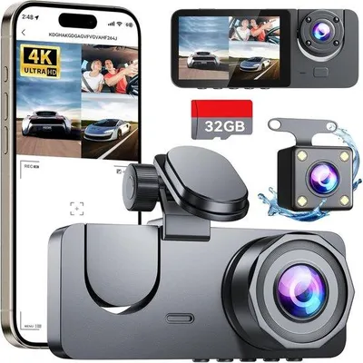 Produktbild von 4K-Autocamera mit 32GB SD-Karte, 3-Kanal, 170° Weitwinkel, Nachtsicht, WDR, G-Sensor, 24-Stunden-Parkmodus