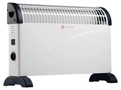 A white electric heater with black accents and feet, shown from a slight diagonal angle.