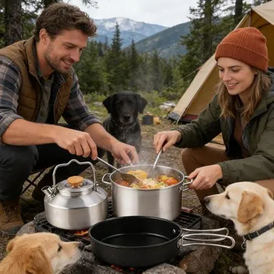 Produktbild von 3-teiliges Camping-Kochgeschirr aus Edelstahl mit Antihaftbeschichtung, tragbarer Kochtopf mit Camping-Küchenset für Outdoor-Camping, Wandern, Picknick und Reisen sowie für Pfannkuchen, Steaks und Eier