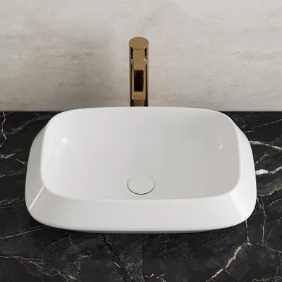 Produktbild von HOROW Eckig Aufsatzwaschbecken 52 x 35 cm Modern Waschbecken mit 5mm dünne Rand, Weiß Elegant Waschschale für Badezimmer und Gäste WC
