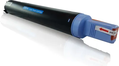A black laser toner cartridge with a blue end cap and red and white markings, shown on a white reflective surface.